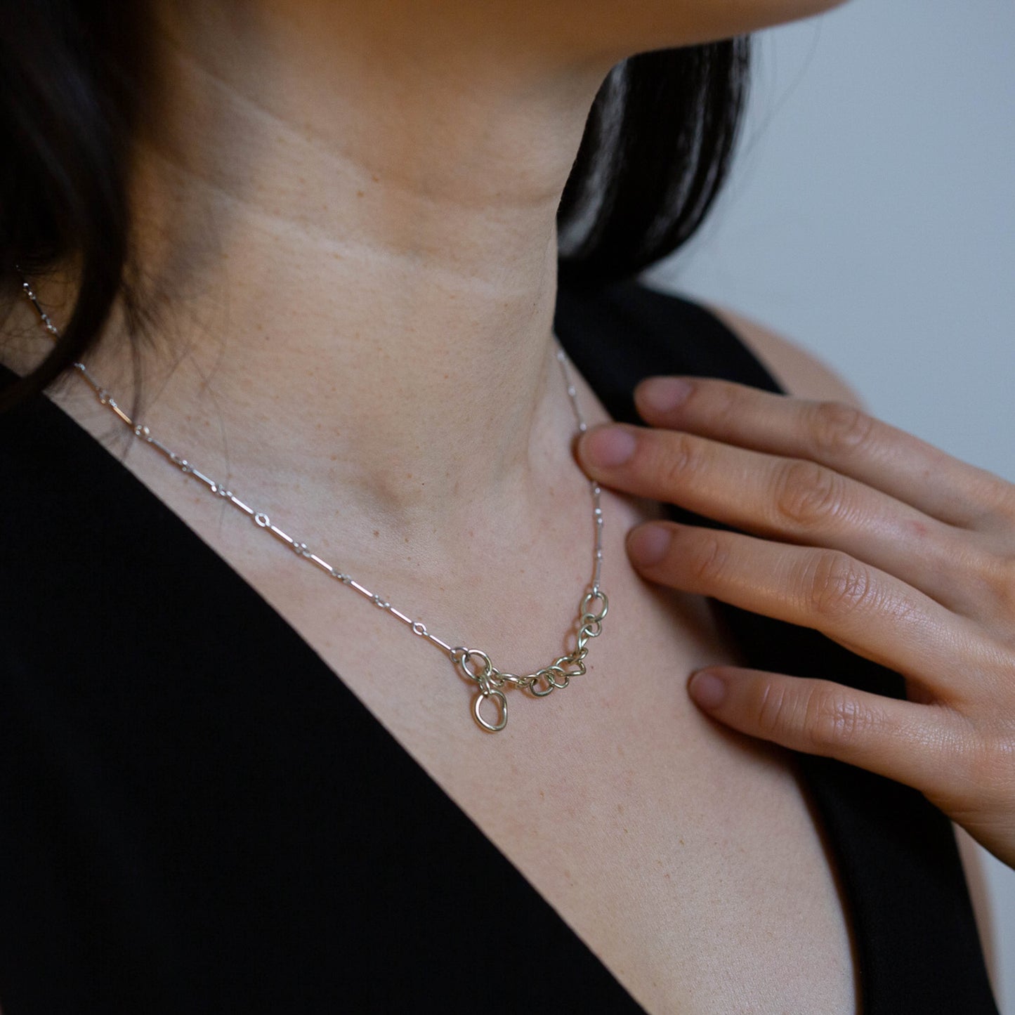 CONTOUR - SG Necklace 14k Gold With Sterling Silver Bar Chain.